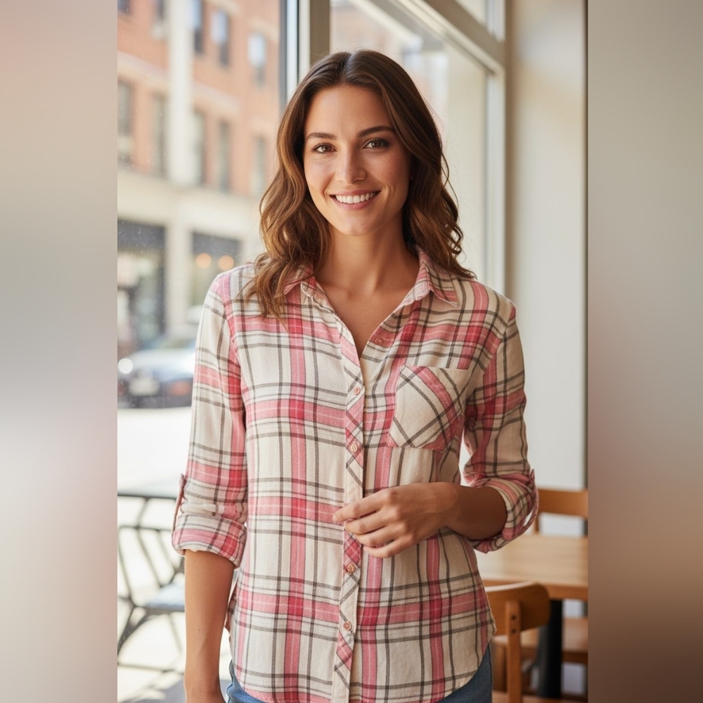Arizona Jean CO. - Button Up Flannel Plaid Shirt, Boyfriend Fit, Long Sleeves